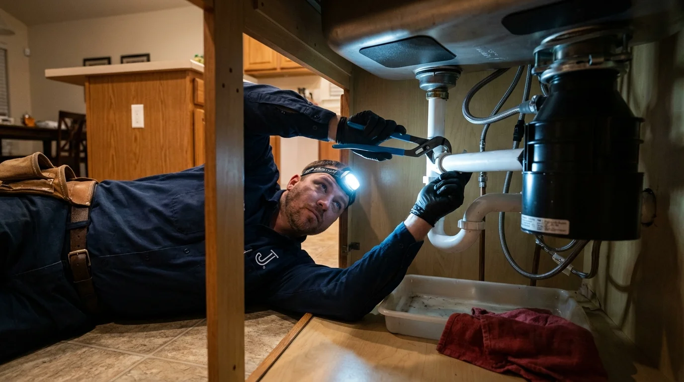 P-trap and supply line connections under a kitchen sink showing a common leak point in Wellington, FL